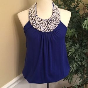 Royal blue tank with pearl trim